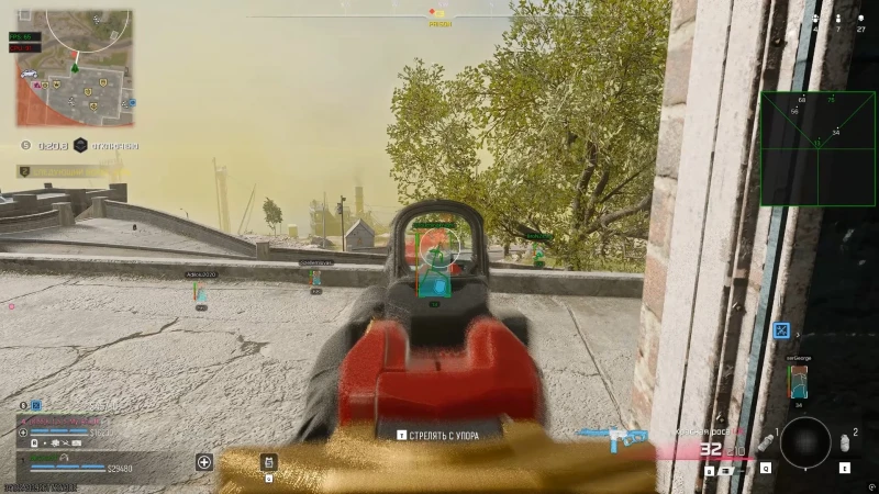 Warzone ESP boxes, player names, and radar overlay from a rooftop